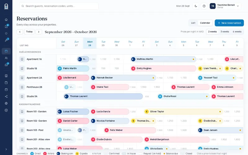 Calendrier des réservations Hosteo par logement, avec le canal de chaque séjour : Airbnb, Booking.com, Expedia ou direct