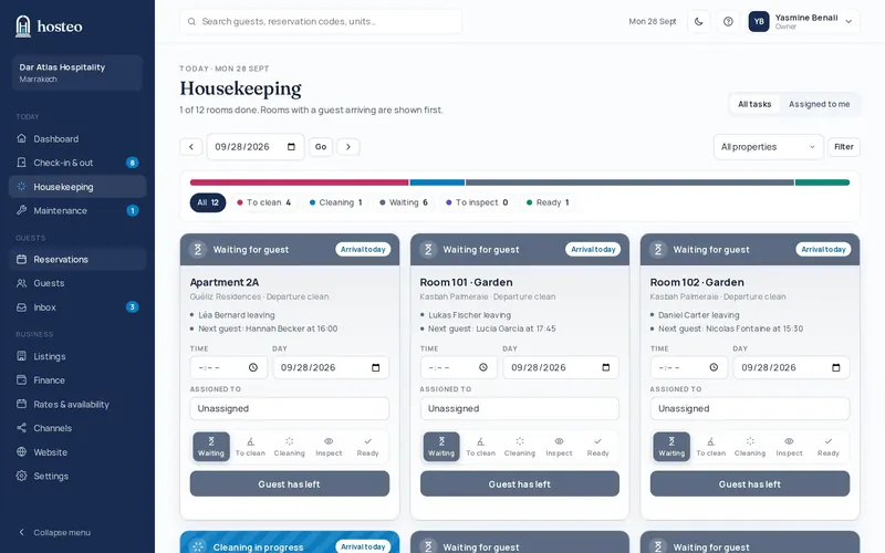 Tableau de ménage Hosteo avec le statut de chaque chambre : à faire, en cours, inspectée, prête