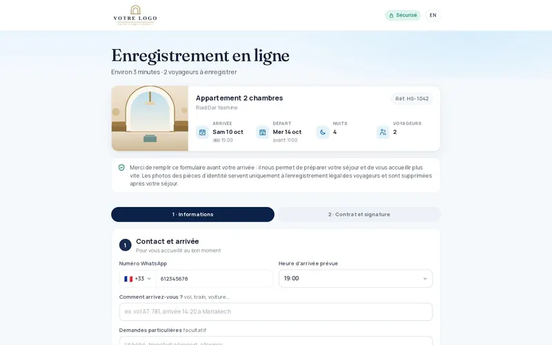 Formulaire d’enregistrement en ligne d’Hosteo : dates du séjour, numéro WhatsApp et heure d’arrivée du voyageur
